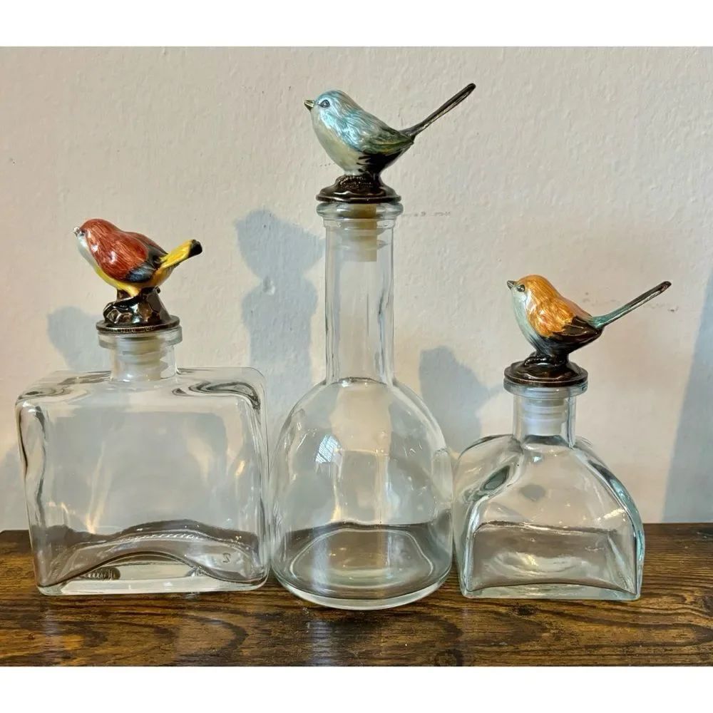 Vintage Anthropologie Bird Collection Glass Decorative Bottles/ Set of 3